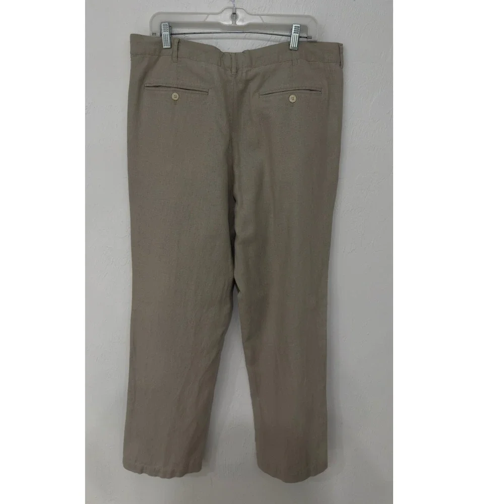 Alan Flusser Mens Tan Linen Blend Pleated Dress Pants Trousers 36x34